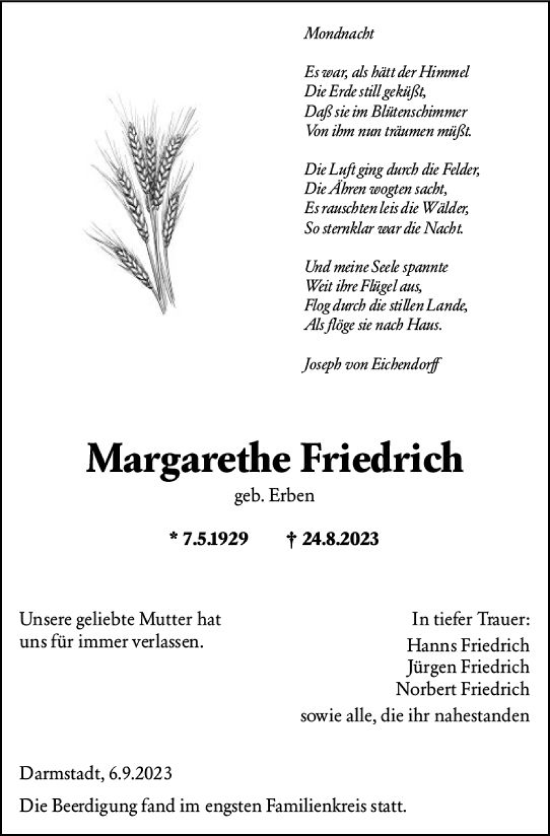 Traueranzeige von Margarethe Friedrich von Darmstädter Echo