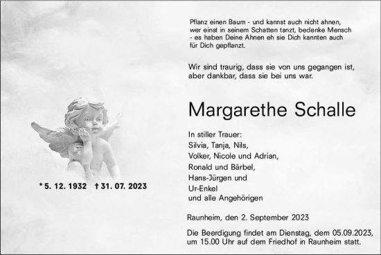 Traueranzeige von Margarethe Schalle von Rüsselsheimer Echo