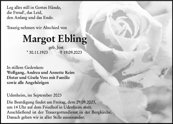 Traueranzeige von Margot Ebling von Allgemeine Zeitung Alzey