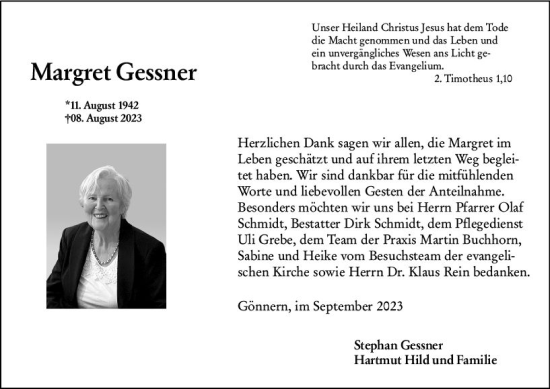 Traueranzeige von Margret Gessner von Hinterländer Anzeiger