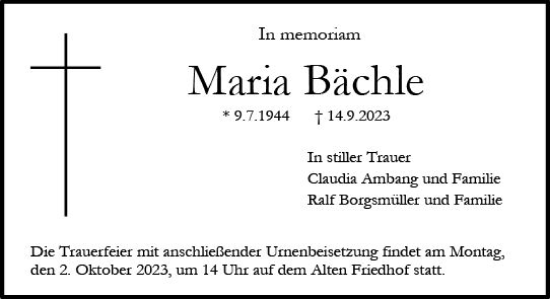 Traueranzeige von Maria Bächle von Darmstädter Echo