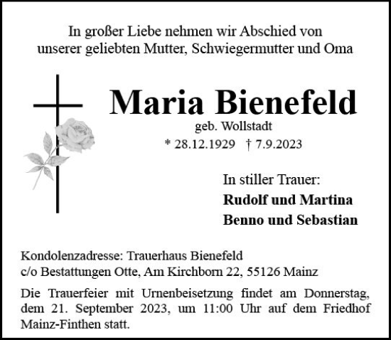 Traueranzeige von Maria Bienefeld von Allgemeine Zeitung Mainz