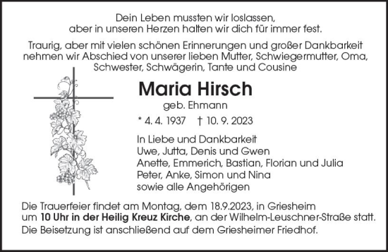 Traueranzeige von Maria Hirsch von Darmstädter Echo