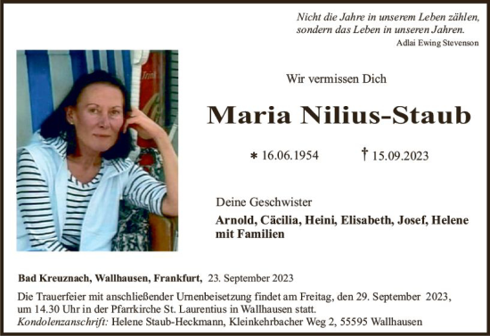 Traueranzeige von Maria Nilius-Staub von Allgemeine Zeitung Bad Kreuznach