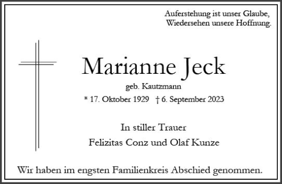 Traueranzeige von Marianne Jeck von Wiesbadener Kurier