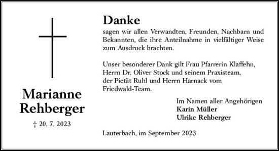Traueranzeige von Marianne Rehberger von Oberhessen Kurier