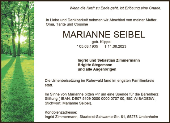 Traueranzeige von Marianne Seibel von Allgemeine Zeitung Alzey