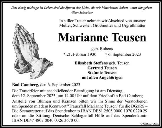 Traueranzeige von Marianne Teusen von Nassauische Neue Presse