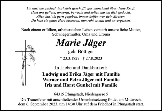 Traueranzeige von Marie Jäger von Darmstädter Echo