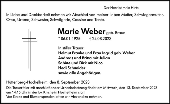 Traueranzeige von Marie Weber von Wetzlarer Neue Zeitung