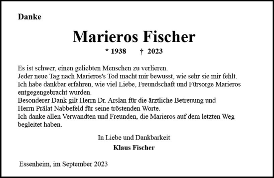 Traueranzeige von Marieros Fischer von Allgemeine Zeitung Mainz