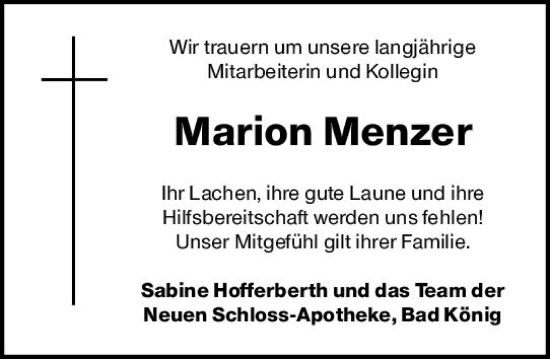 Traueranzeige von Marion Menzer von Odenwälder Echo