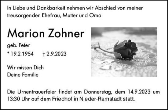 Traueranzeige von Marion Zohner von Darmstädter Echo