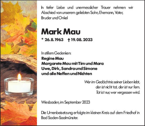 Traueranzeige von Mark Mau von Wiesbadener Kurier