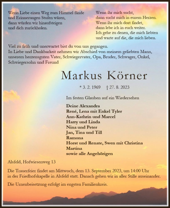 Traueranzeige von Markus Körner von VRM Trauer