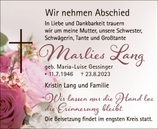Traueranzeige von Marlies Lang von Darmstädter Echo