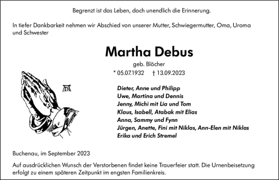 Traueranzeige von Martha Debus von Hinterländer Anzeiger