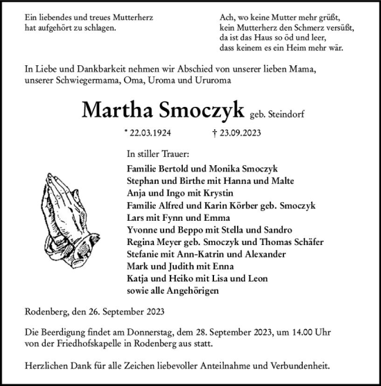 Traueranzeige von Martha Smoczyk von Dill Block