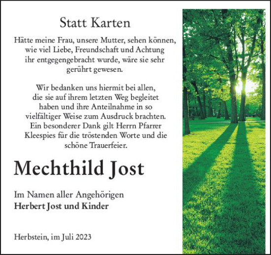 Traueranzeige von Mechthild Jost von Oberhessen Kurier