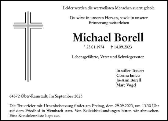 Traueranzeige von Michael Borell von Darmstädter Echo