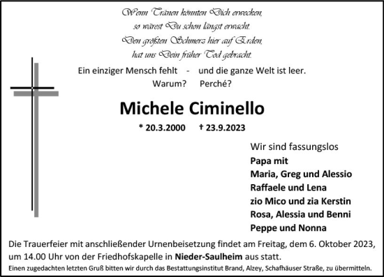 Traueranzeige von Michele Ciminello von Allgemeine Zeitung Alzey