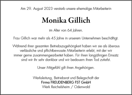 Traueranzeige von Monika Gillich von Odenwälder Echo