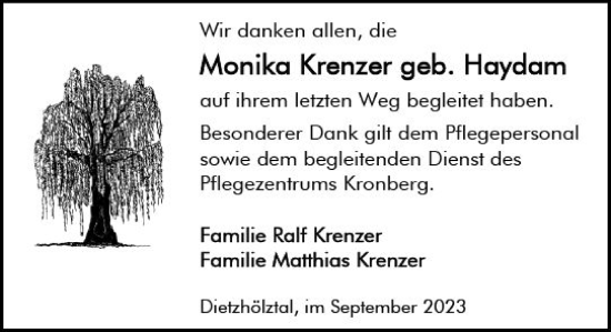 Traueranzeige von Monika Krenzer von Dill Block