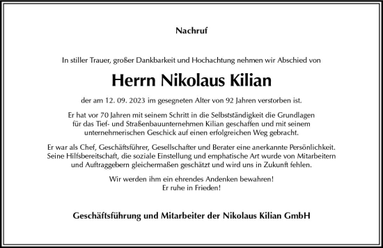 Traueranzeige von Nikolaus Kilian von Starkenburger Echo