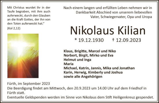 Traueranzeige von Nikolaus Kilian von Starkenburger Echo