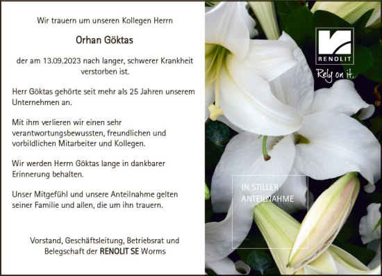 Traueranzeige von Orhan Göktas von Wormser Zeitung
