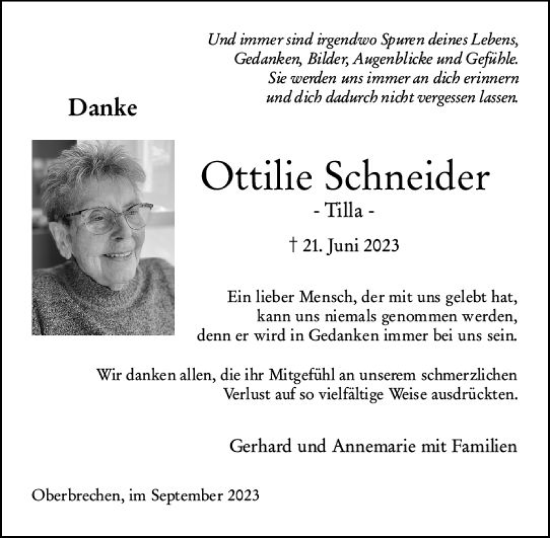 Traueranzeige von Ottilie Schneider von Nassauische Neue Presse