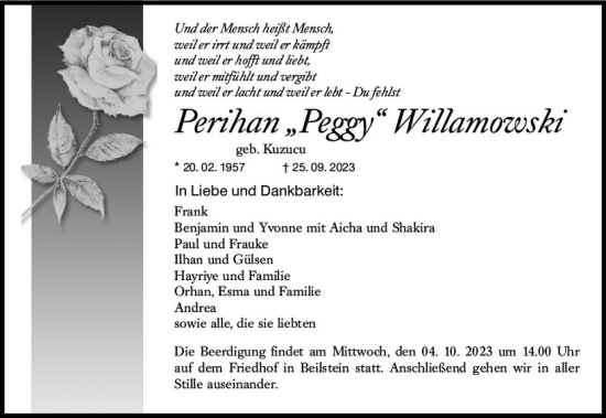 Traueranzeige von Perihan Willamowski von Dill Block