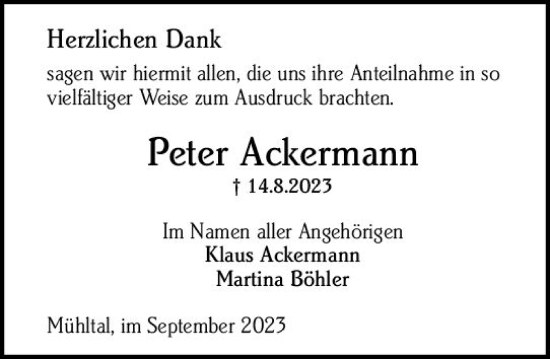 Traueranzeige von Peter Ackermann von Darmstädter Echo