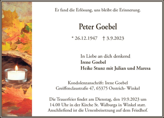 Traueranzeige von Peter Goebel von Wiesbadener Kurier