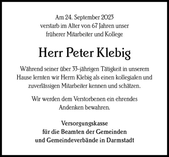 Traueranzeige von Peter Klebig von Darmstädter Echo
