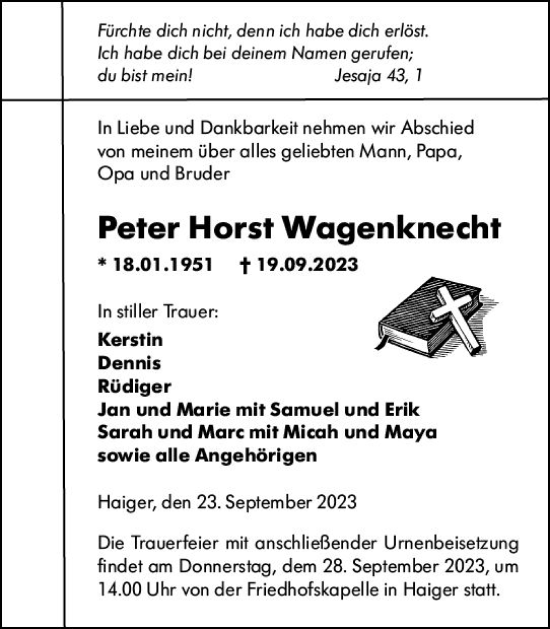 Traueranzeige von Peter Horst Wagenknecht von Dill Block