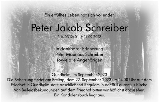 Traueranzeige von Peter Jakob Schreiber von Wormser Zeitung