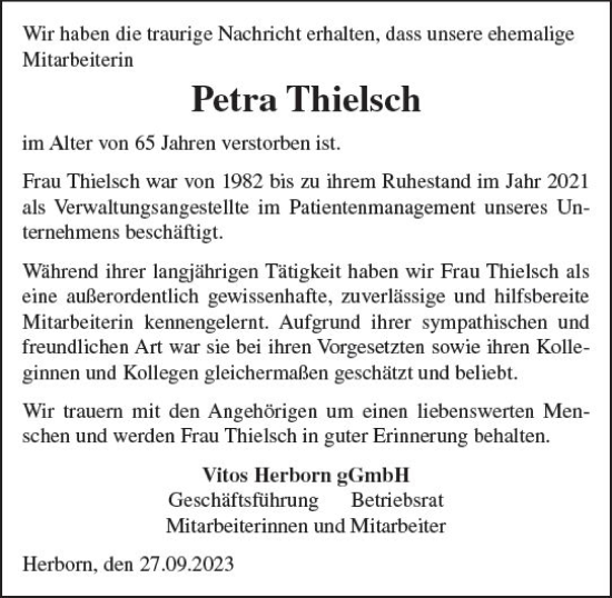 Traueranzeige von Petra Thielsch von Dill Block