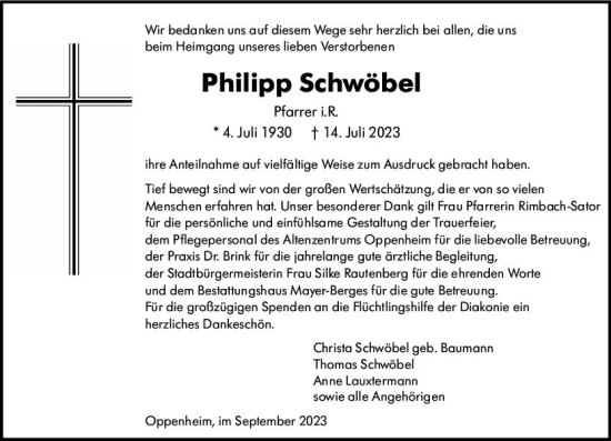 Traueranzeige von Philipp Schwöbel von Allgemeine Zeitung Mainz