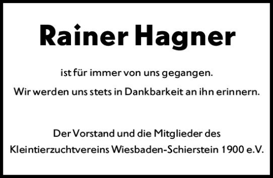Traueranzeige von Rainer Hagner von Wiesbadener Kurier