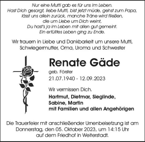 Traueranzeige von Renate Gäde von Darmstädter Echo