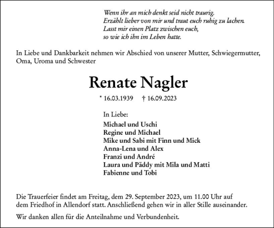 Traueranzeige von Renate Nagler von Wetzlarer Neue Zeitung
