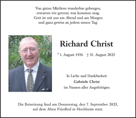 Traueranzeige von Richard Christ von Hochheimer Zeitung