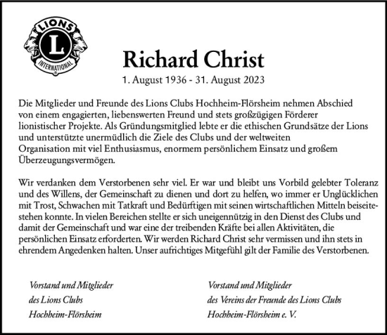 Traueranzeige von Richard Christ von Hochheimer Zeitung