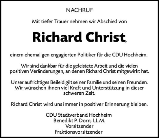 Traueranzeige von Richard Christ von Hochheimer Zeitung