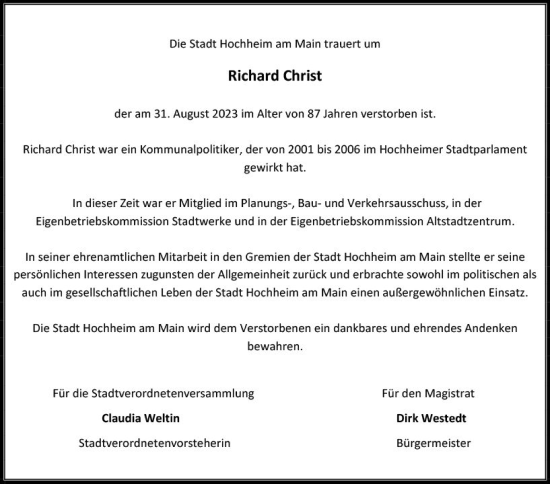 Traueranzeige von Richard Christ von Hochheimer Zeitung