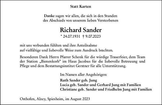Traueranzeige von Richard Sander von Allgemeine Zeitung Alzey