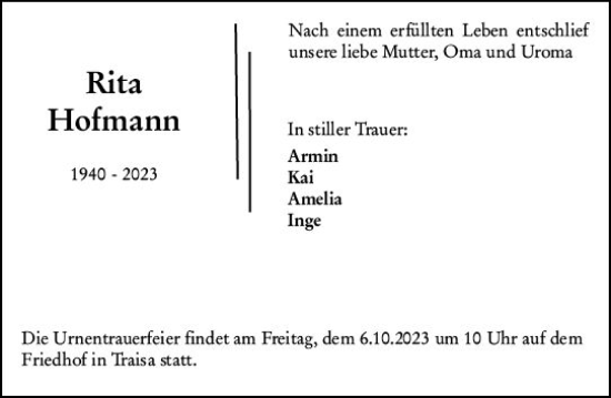 Traueranzeige von Rita Hofmann von Darmstädter Echo