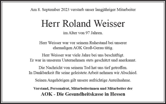 Traueranzeige von Roland Weisser von Groß-Gerauer Echo