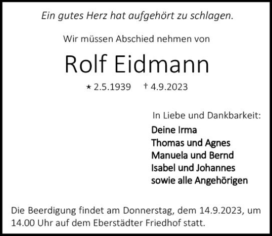 Traueranzeige von Rolf Eidmann von Darmstädter Echo